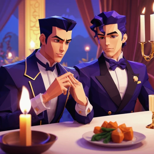 wedding banquet,romantic dinner,wedding icons,dinner party,exclusive banquet,dinner for two,grooms,gentleman icons,fine dining restaurant,diner,husbands,golden weddings,dining,wedding couple,hors' d'oeuvres,dim sum,table decorations,wedding reception,dumplings,banquet,Unique,3D,Low Poly