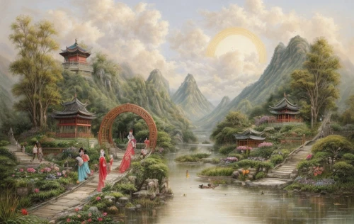 oriental painting,chinese art,fairy village,fantasy picture,khokhloma painting,lotus pond,chinese temple,the mystical path,fantasy landscape,mountain scene,sacred lotus,dongfang meiren,fairy world,landscape background,nước chấm,mantra om,hall of supreme harmony,asian vision,luo han guo,water lotus,Game Scene Design,Game Scene Design,Chinese Martial Arts Fantasy