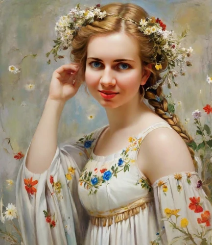 emile vernon,girl in flowers,girl in a wreath,girl picking flowers,beautiful girl with flowers,portrait of a girl,bouguereau,floral garland,wreath of flowers,flower garland,young girl,young woman,floral wreath,bougereau,girl in the garden,franz winterhalter,young lady,holding flowers,vintage female portrait,flower girl
