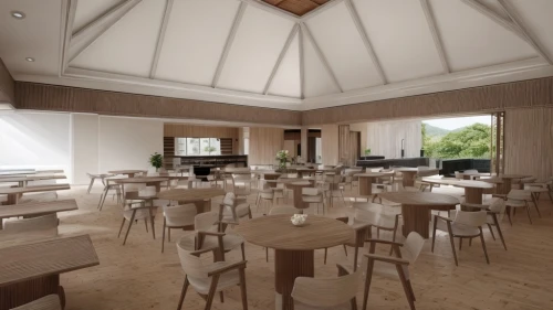 breakfast room,dining room,3d rendering,folding roof,meeting room,event venue,seating area,render,conference room,kitchen & dining room table,clubhouse,tearoom,canteen,function hall,lecture room,core renovation,crown render,chefs kitchen,daylighting,school design,Commercial Space,Restaurant,Japanese Zen