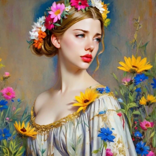 girl in flowers,beautiful girl with flowers,girl in a wreath,splendor of flowers,wreath of flowers,girl in the garden,flower girl,flower fairy,girl picking flowers,romantic portrait,mystical portrait of a girl,portrait of a girl,fantasy portrait,flower painting,young woman,flora,marguerite,fiori,flower crown,flower hat