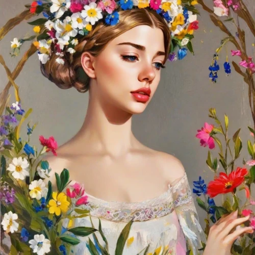 girl in flowers,beautiful girl with flowers,wreath of flowers,girl in a wreath,emile vernon,flower fairy,floral wreath,splendor of flowers,blooming wreath,girl picking flowers,magnolia,flower girl,jasmine blossom,flower wreath,flower painting,flower crown,flower garland,floral garland,flora,girl in the garden