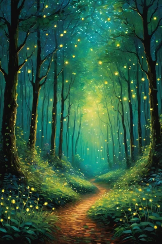 forest path,fairy forest,forest of dreams,enchanted forest,forest road,fairytale forest,forest glade,green forest,forest landscape,elven forest,the mystical path,tree lined path,pathway,forest background,forest walk,fireflies,holy forest,forest,deciduous forest,the forest,Art,Artistic Painting,Artistic Painting 04