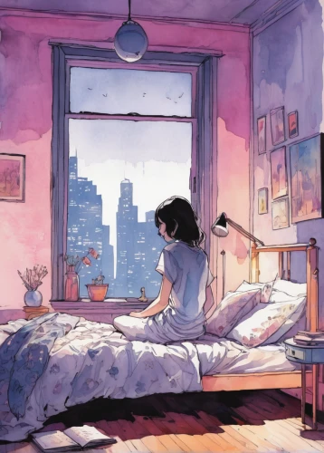 window sill,in the morning,bedroom window,windowsill,bedroom,girl studying,early morning,room,spring morning,the little girl's room,breakfast in bed,morning light,awake,winter morning,daybreak,girl in bed,watercolor background,dream,watercolor tea,the girl in nightie,Illustration,Paper based,Paper Based 07