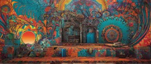 psychedelic art,murals,temples,church painting,sacred art,temple fade,altar,tabernacle,portal,grotto,mural,chamber,the throne,wall painting,stage design,stage curtain,tapestry,buddhist hell,sepulchre,holy places,Illustration,Abstract Fantasy,Abstract Fantasy 08