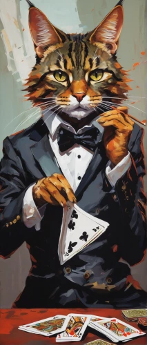 gambler,aristocrat,suit of spades,poker,businessman,ringmaster,mafia,tea party cat,waiter,magician,game illustration,tuxedo just,playing card,conductor,tuxedo,tabletop game,gamble,the cat,butler,figaro,Conceptual Art,Oil color,Oil Color 08