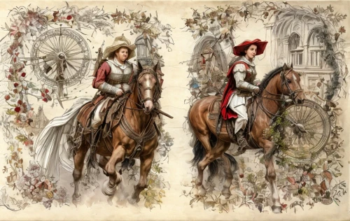 vintage christmas card,old country roses,vintage man and woman,carolers,vintage illustration,fairy tale icons,two-horses,andalusians,illustrations,horseback,horse riders,christmas pattern,vintage boy and girl,lithograph,victorian fashion,christmas messenger,cavalry,vintage print,frame border illustration,frame ornaments,Game Scene Design,Game Scene Design,Renaissance