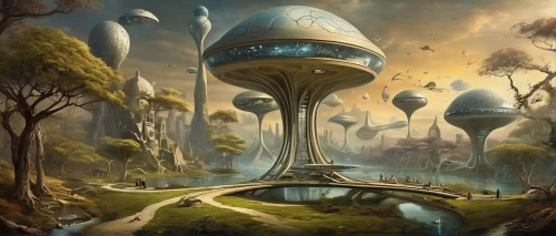 futuristic landscape,fantasy landscape,mushroom landscape,alien world,alien planet,fantasy picture,fantasy art,fantasy world,futuristic architecture,sci fiction illustration,fantasy city,terraforming,utopian,apiarium,post-apocalyptic landscape,mushroom island,myst,planet eart,sci fi,artificial island,Illustration,Realistic Fantasy,Realistic Fantasy 40