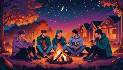 campfire,camp fire,campfires,november fire,bonfire,scouts,log fire,fireside,boy scouts of america,boy scouts,firepit,cd cover,fire bowl,forest workers,campers,wood fire,campsite,camping,osomatsu,album cover,Illustration,American Style,American Style 10