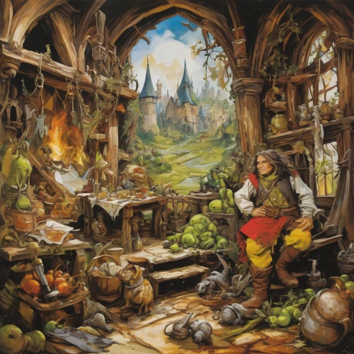 dwarf cookin,hobbiton,fairy village,hobbit,heroic fantasy,apothecary,children's fairy tale,gnomes at table,fantasy world,jrr tolkien,cauldron,dwarves,candlemaker,fantasy art,potter's wheel,witch's house,the pied piper of hamelin,elves flight,fantasy picture,fairy tale character,Conceptual Art,Oil color,Oil Color 18