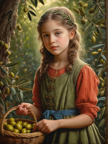 girl picking apples,girl with bread-and-butter,young girl,apple harvest,woman eating apple,girl with tree,child portrait,green apples,acerola,girl in the garden,loquat,picking apple,olive branch,olives,basket of apples,young gooseberry,grape harvest,jewish cherries,kumquats,oil painting,Illustration,Realistic Fantasy,Realistic Fantasy 22