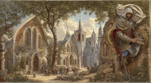 the pied piper of hamelin,woman at the well,church painting,pilgrims,village scene,woman praying,medieval street,harp player,medieval,knight village,delft,the abbot of olib,saint nicolas,abbaye de belloc,nidaros cathedral,medieval architecture,pilgrim,angel playing the harp,middle ages,zwartnek arassari,Game Scene Design,Game Scene Design,Renaissance