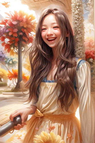 autumn background,hanbok,ao dai,autumn icon,fairy tale character,portrait background,a girl's smile,fantasy portrait,girl picking flowers,little girl in wind,autumn theme,asian woman,girl picking apples,world digital painting,cheery-blossom,yellow rose background,fantasy picture,chinese art,oriental longhair,joy