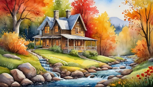 cottage,fall landscape,autumn landscape,home landscape,autumn background,summer cottage,house in mountains,autumn idyll,house in the forest,country cottage,watercolor background,house with lake,house in the mountains,autumn camper,landscape background,autumn scenery,houses clipart,autumn theme,little house,house by the water,Illustration,Paper based,Paper Based 24