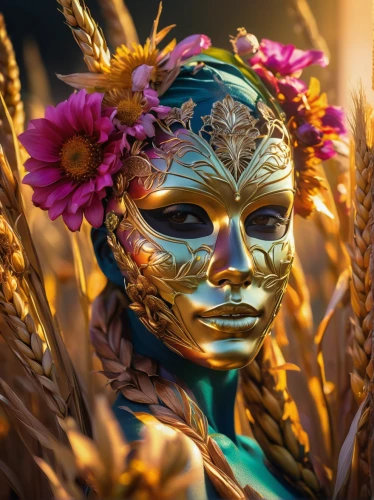 golden mask,woman of straw,gold mask,golden wreath,venetian mask,golden flowers,wheat ear,harvest festival,girl in a wreath,straw flower,strands of wheat,girl in flowers,gold flower,wheat crops,face paint,wheat,kahila garland-lily,masquerade,wheat field,flower in sunset,Photography,Artistic Photography,Artistic Photography 08