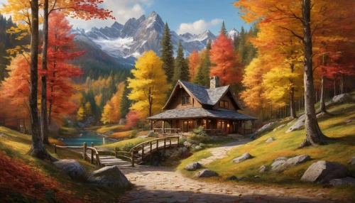 autumn landscape,fall landscape,autumn mountains,house in mountains,autumn camper,autumn background,autumn idyll,house in the mountains,the cabin in the mountains,autumn scenery,house in the forest,cottage,home landscape,landscape background,autumn theme,log cabin,autumn forest,mountain scene,mountain hut,summer cottage