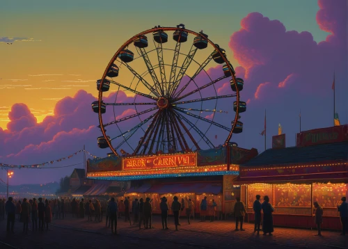 coney island,fairground,carousel,amusement park,ferris wheel,funfair,annual fair,carnival,santa monica pier,evening atmosphere,amusement ride,carnival tent,prater,summer evening,digital painting,world digital painting,brighton pier,dreamland,luna park,stalls,Conceptual Art,Daily,Daily 30