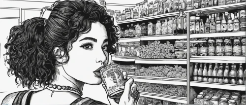 convenience store,grocer,supermarket shelf,woman shopping,grocery,supermarket,shopkeeper,grocery shopping,grocery store,ramune,salesgirl,pantry,liquor store,groceries,shopping icon,food line art,supermarket chiller,shopping venture,soda shop,consumer,Illustration,Black and White,Black and White 16