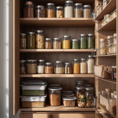 food storage containers,food storage,pantry,spice rack,cupboard,storage cabinet,preserved food,dish storage,jars,kitchen cabinet,glass containers,storage-jar,spices,shelving,canned food,colored spices,cookware and bakeware,kitchenware,kitchen shop,compartments,Photography,General,Natural