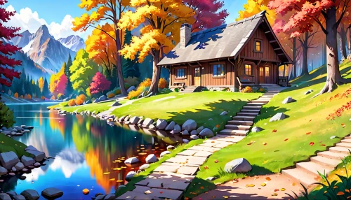 autumn background,autumn landscape,fall landscape,autumn idyll,autumn scenery,summer cottage,cottage,home landscape,autumn theme,autumn camper,house in the forest,autumn mountains,autumn day,landscape background,autumn forest,house with lake,house in mountains,colors of autumn,log cabin,the cabin in the mountains,Anime,Anime,General