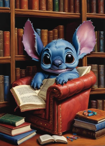 stitch,bookworm,read a book,reading,magic book,relaxing reading,a book,cute cartoon character,to study,library book,lecture,books,disney character,child with a book,childrens books,scholar,studying,music book,the books,little girl reading,Illustration,American Style,American Style 07