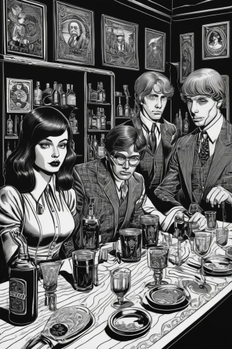 clue and white,harry potter,potter,chinaware,sci fiction illustration,ivy family,mulberry family,herring family,the coffee shop,last supper,violet family,the dawn family,myrtle family,foodies,hogwarts,british tea,breakfast table,dining,family dinner,optical ilusion,Illustration,Black and White,Black and White 18
