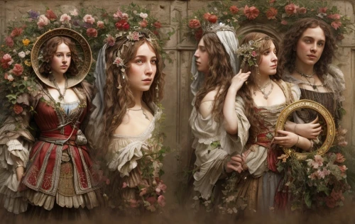 wreath of flowers,four seasons,three flowers,floral wreath,flower garland,floral garland,flower wreath,jessamine,celtic woman,mirror in the meadow,blooming wreath,way of the roses,golden wreath,the three graces,elven flower,kahila garland-lily,young women,fantasy art,rose wreath,the mirror,Game Scene Design,Game Scene Design,Renaissance