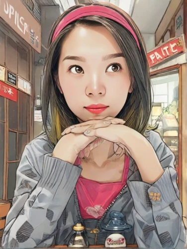 jangdokdae,songpyeon,woman at cafe,asian woman,korean,girl with speech bubble,sujeonggwa,girl studying,hong,korean won,korea,phuquy,game illustration,the girl's face,korean drama,world digital painting,winner joy,kimjongilia,portrait background,girl portrait