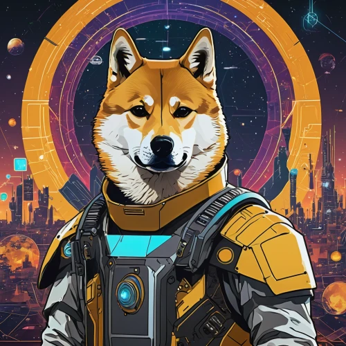 dogecoin,shiba,fox,coyote,vector art,constellation wolf,retro background,nova,shiba inu,a fox,lando,sci-fi,sci - fi,phone icon,background screen,jackal,scifi,cg artwork,dingo,tau,Illustration,Realistic Fantasy,Realistic Fantasy 12