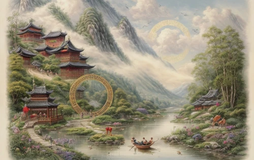 oriental painting,mountain scene,japan landscape,chinese art,japanese art,khokhloma painting,fairy village,lake tanuki,fantasy landscape,fairy world,tsukemono,dragon boat,mountainous landscape,mountain landscape,guizhou,mantra om,fantasy picture,mushroom landscape,dream world,fantasy world,Game Scene Design,Game Scene Design,Chinese Martial Arts Fantasy