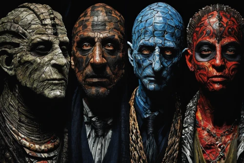 multicolor faces,mummies,reptilians,tribal masks,heads,days of the dead,african masks,halloween masks,mundi,ancient people,masks,collection of ties,three eyed monster,contamination,faces,walkers,reptilian,jigsaw,council,dead earth,Illustration,Realistic Fantasy,Realistic Fantasy 33