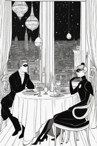 roaring twenties couple,roaring twenties,flapper couple,roaring 20's,great gatsby,vintage illustration,gatsby,twenties,paris cafe,romantic dinner,twenties of the twentieth century,art deco,book illustration,diner,1920s,cabaret,stemware,bistrot,parisian coffee,twenties women,Illustration,Black and White,Black and White 24