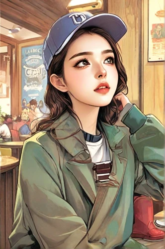 clementine,woman at cafe,girl wearing hat,girl with speech bubble,game illustration,girl studying,songpyeon,baseball cap,dipper,korea,korean drama,korean,background image,the girl at the station,anime japanese clothing,guk,coffee shop,korean cuisine,convenience store,samcheok times editor