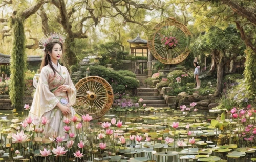 japan garden,girl in the garden,lotus pond,lotus on pond,芦ﾉ湖,girl in flowers,amano,lotus art drawing,spring festival,girl picking flowers,lily pond,flower painting,japanese woman,water lotus,japanese sakura background,geisha,sakura blossom,japanese art,sake gardens,flower garden,Game Scene Design,Game Scene Design,Japanese Magic