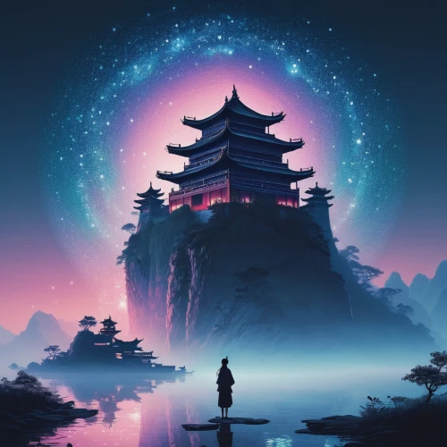 world digital painting,dream world,lantern,japan landscape,kyoto,asian vision,japanese background,japan,fantasy landscape,astral traveler,kingdom,other world,chinese background,fantasy world,wanderer,china,asia,白斩鸡,game illustration,sci fiction illustration,Conceptual Art,Fantasy,Fantasy 32