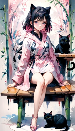 tea party cat,calico,cat's cafe,calico cat,stray cat,anime japanese clothing,sitting on a chair,black cat,girl sitting,watercolor cafe,cat drinking tea,domestic short-haired cat,fuki,painting,cat resting,cheshire,cat child,sitting,unknown,kitty,Anime,Anime,General