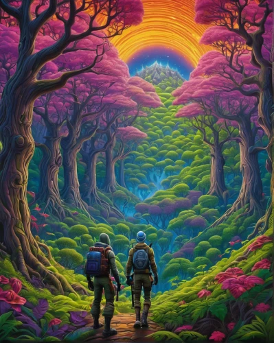 travelers,hikers,mushroom landscape,pilgrimage,the mystical path,druid grove,psychedelic art,fantasy picture,color fields,explorer,lsd,pathway,hiker,explore,fantasy landscape,purple landscape,traveller,rainbow background,would a background,exploration,Illustration,Abstract Fantasy,Abstract Fantasy 21