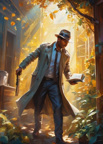 investigator,world digital painting,game illustration,man holding gun and light,detective,indiana jones,mailman,inspector,sci fiction illustration,conductor,cg artwork,digital painting,the collector,farmer in the woods,game art,magician,the wanderer,smooth criminal,gardener,mystery book cover,Illustration,Paper based,Paper Based 04