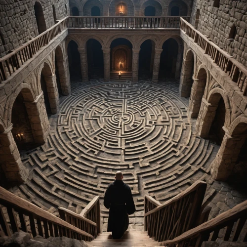 maze,hall of the fallen,labyrinth,games of light,catacombs,panopticon,kings landing,circular staircase,chair circle,clay floor,the throne,potter's wheel,coliseum,game of thrones,circle of confusion,chessboards,dungeon,portcullis,floor tiles,winding steps,Photography,General,Natural