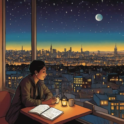 sci fiction illustration,book illustration,night scene,romantic night,city lights,paris cafe,astronomer,night administrator,paris balcony,high fidelity,evening atmosphere,evening city,citylights,paris clip art,study room,balcon de europa,cover,digital nomads,japan's three great night views,paris,Conceptual Art,Daily,Daily 08