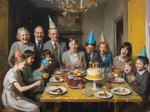 children's birthday,birthday party,parents with children,grandchildren,fête,parents and children,party hats,herring family,birthdays,happy birthday balloons,birthday table,kids party,a party,party hat,group of people,children,little girl with balloons,harmonious family,born 1953-54,oleaster family,Conceptual Art,Oil color,Oil Color 01