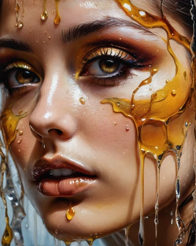 gold paint stroke,tears bronze,dripping,golden rain,angel's tears,wet girl,gold paint strokes,pour,oil drop,gold leaf,surface tension,drenched,drips,teardrops,golden shower,water splashes,caramel,drops of milk,deer in tears,milk splash,Illustration,Realistic Fantasy,Realistic Fantasy 10