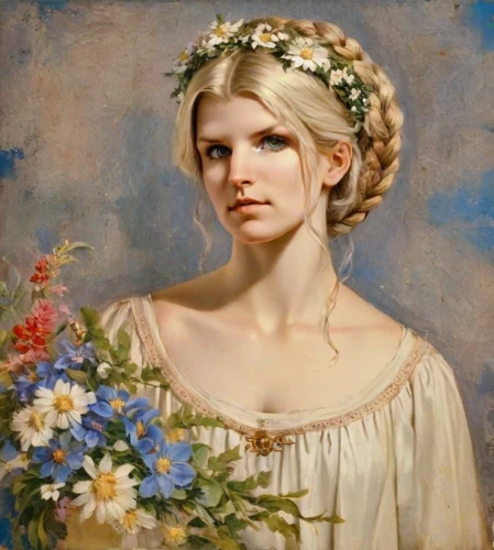 girl in a wreath,girl in flowers,jessamine,portrait of a girl,marguerite,young woman,beautiful girl with flowers,romantic portrait,vintage female portrait,young girl,girl picking flowers,girl in the garden,emile vernon,young lady,flora,portrait of christi,wreath of flowers,girl portrait,flower girl,fantasy portrait