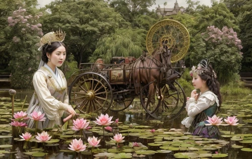 flower cart,chinese art,lotus pond,lily water,芦ﾉ湖,lily pond,lotus on pond,oriental painting,lotus blossom,water lotus,pond flower,lily family,girl picking flowers,flower water,lotus flowers,dongfang meiren,fantasy picture,flower delivery,lily of the field,little girl and mother,Game Scene Design,Game Scene Design,Japanese Steampunk