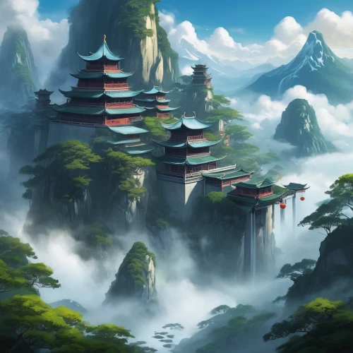 chinese temple,fantasy landscape,ancient city,chinese architecture,asian architecture,yunnan,tigers nest,chinese clouds,mountain landscape,japan landscape,mountainous landscape,oriental,chinese art,guizhou,mountain settlement,mountain scene,world digital painting,high landscape,hanging temple,chinese background,Conceptual Art,Fantasy,Fantasy 03