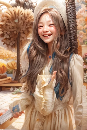 fairy tale character,a girl's smile,little girl in wind,hanbok,fantasy portrait,painter doll,girl picking apples,world digital painting,chinese art,the little girl,children's fairy tale,ao dai,japanese doll,japanese woman,suit of the snow maiden,portrait background,woman holding pie,autumn background,alice,oriental longhair