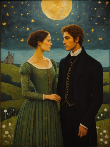 romantic portrait,courtship,young couple,romantic scene,man and wife,the moon and the stars,romance novel,grant wood,man and woman,honeymoon,as a couple,gothic portrait,idyll,serenade,shepherd romance,moon and star,dispute,romantic meeting,the ball,moonrise,Illustration,Abstract Fantasy,Abstract Fantasy 15