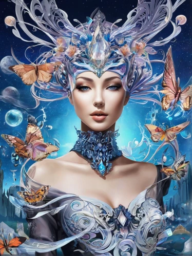 fantasy art,blue enchantress,fantasy picture,faerie,the zodiac sign pisces,faery,3d fantasy,ice queen,the snow queen,horoscope libra,crystalline,antasy,fairy queen,fantasy woman,fractals art,water lotus,fantasy portrait,horoscope pisces,zodiac sign libra,ulysses butterfly,Illustration,Black and White,Black and White 07