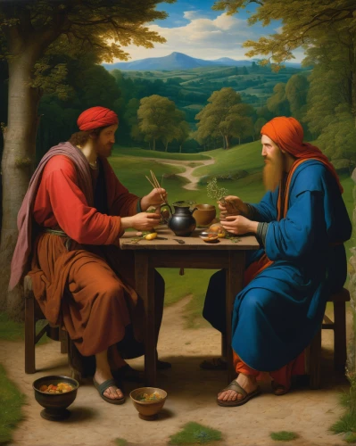 tea drinking,conversation,bellini,woman drinking coffee,holy supper,biblical narrative characters,gnomes at table,tea party,bougereau,tea service,cofe,monks,disciples,men sitting,contemporary witnesses,exchange of ideas,teatime,school of athens,drinking coffee,the annunciation,Art,Classical Oil Painting,Classical Oil Painting 16