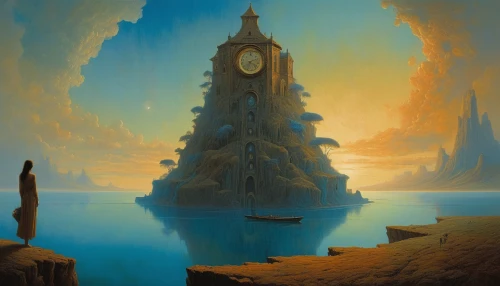 grandfather clock,fantasy landscape,fantasy picture,clock tower,tower of babel,flow of time,clockmaker,fantasy art,floating island,atlantis,tower clock,fantasy world,underwater landscape,myst,sea fantasy,futuristic landscape,water castle,clock,3d fantasy,out of time,Photography,General,Natural